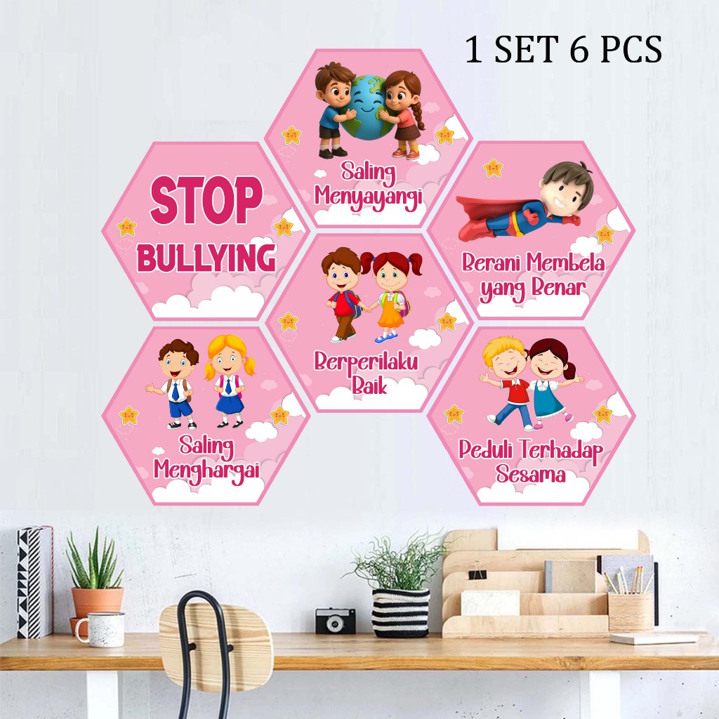 1 Set 6 Pcs Hiasan Kelas Hexagonal Aesthetic Stop Bullying Dekorasi Ruangan Kelas