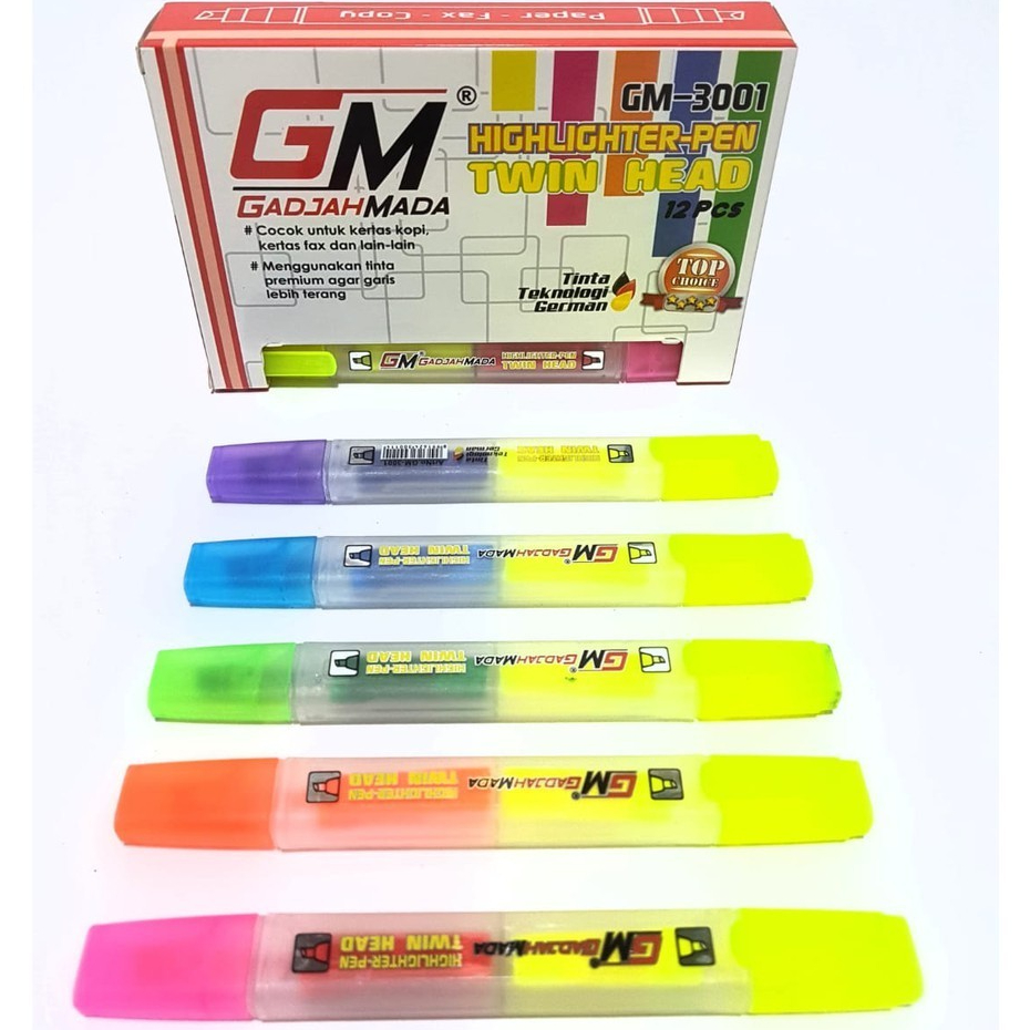 Grosir (1 KOTAK ) Highlighter Pen GM-3001 Twin Head / Dua Kepala GADJAH MADA