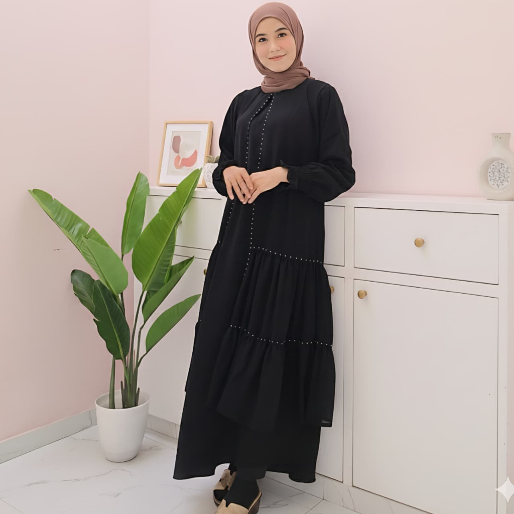 Abaya Kanaya Gamis Hitam Umroh Lebaran Mewah Elegan Dress Wanita Baju Busana Muslim Rempel