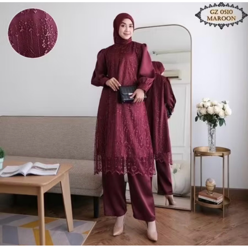 Laura setelan bahan satin one set atasan + celana brukat setelan baju kondangan