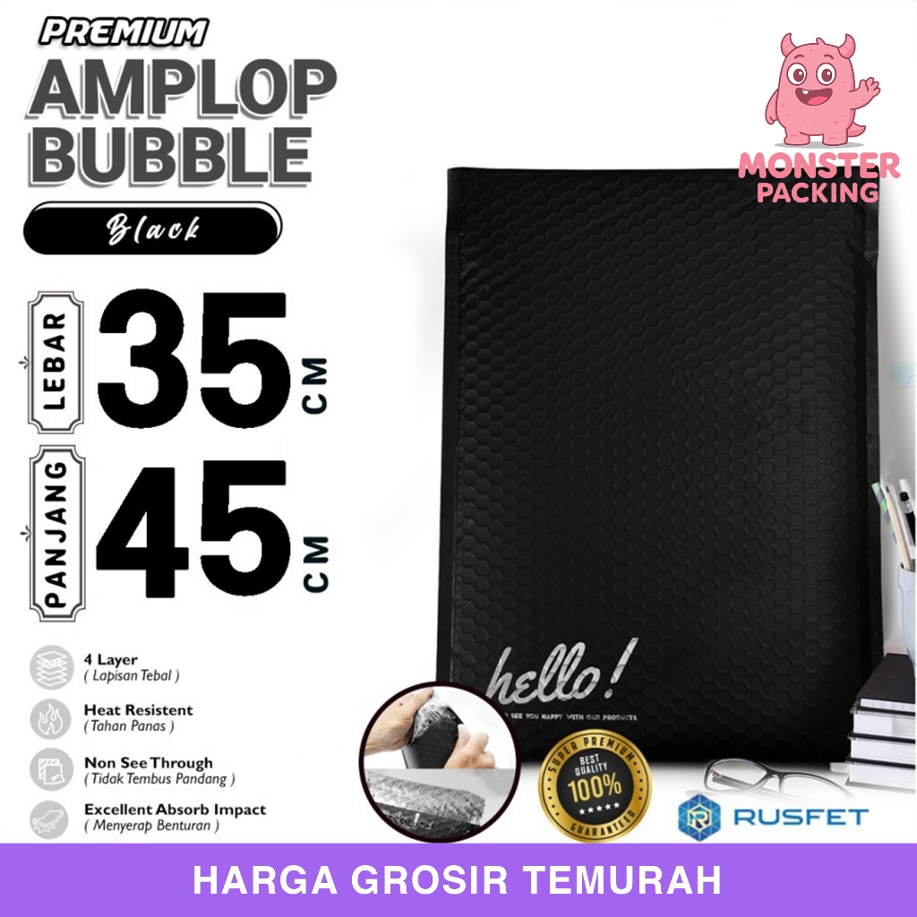 AMPLOP BUBBLE MAILER BLACK 35X45CM WRAP ENVELOPE RUSFET PREMIUM HITAM