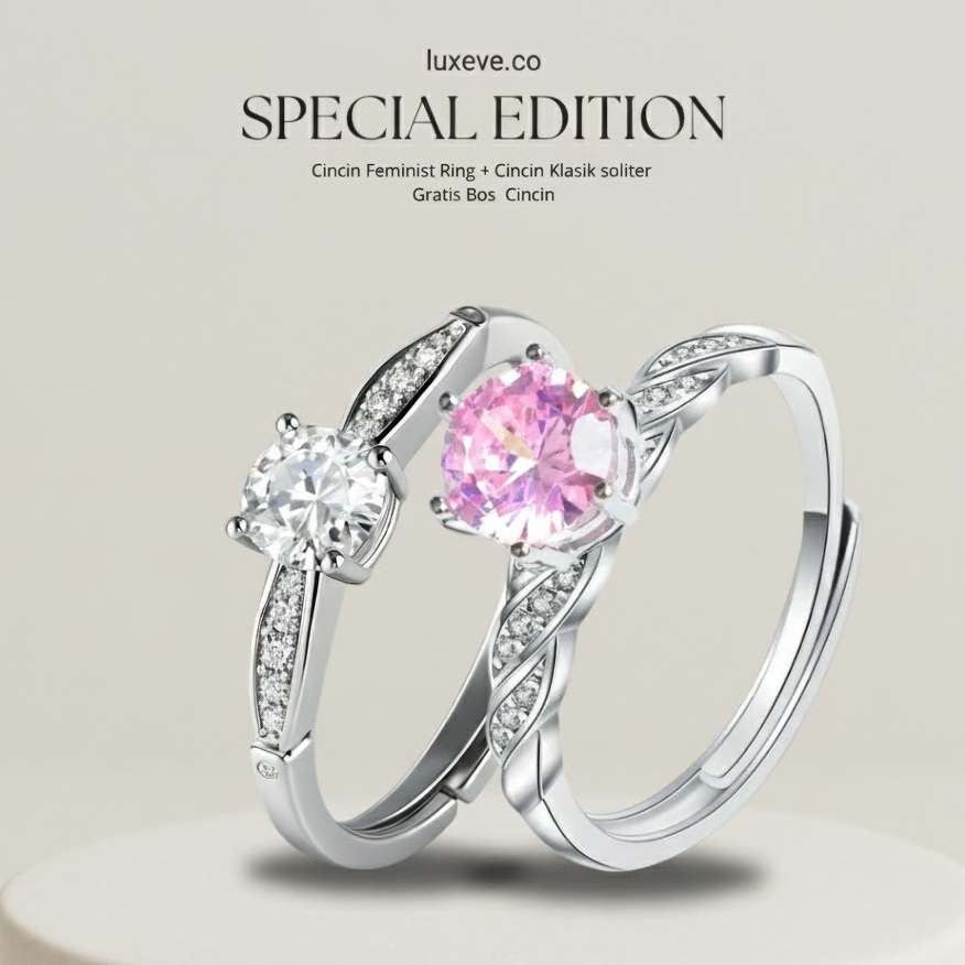 cincin permata warna pink dengan cincin klasik kecil 0.5 ct ukuran adjustable bisa dibesar kecilkan