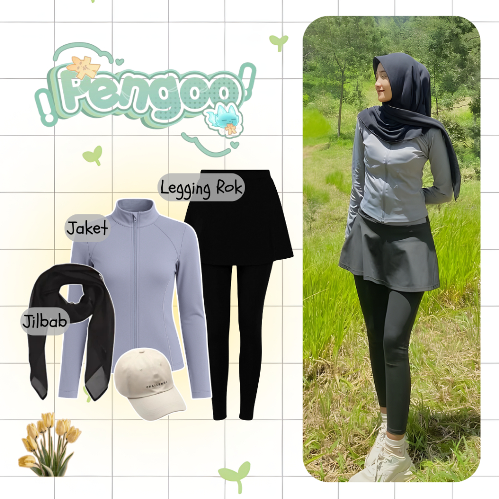 Oneset 3in1 Jaket Legging Rok Jilbab || Perempuan Wanita Cewek Outfit Olahraga Mendaki Hiking Lari T