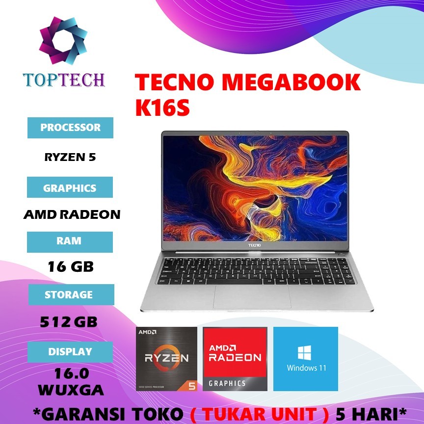 LAPTOP TECNO MEGABOOK K16S RYZEN 5 7430 RAM 16GB SSD 512GB W11 16.0 WUXGA IPS SLV