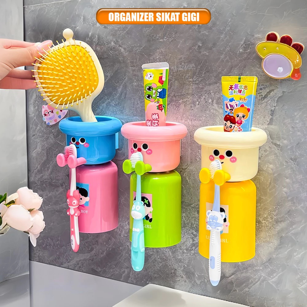 Tempat Sikat Gigi Tempel Magnet Karakter Anak Lucu / Magnetic Toothbrush Holder Set Cangkir Rak Odol