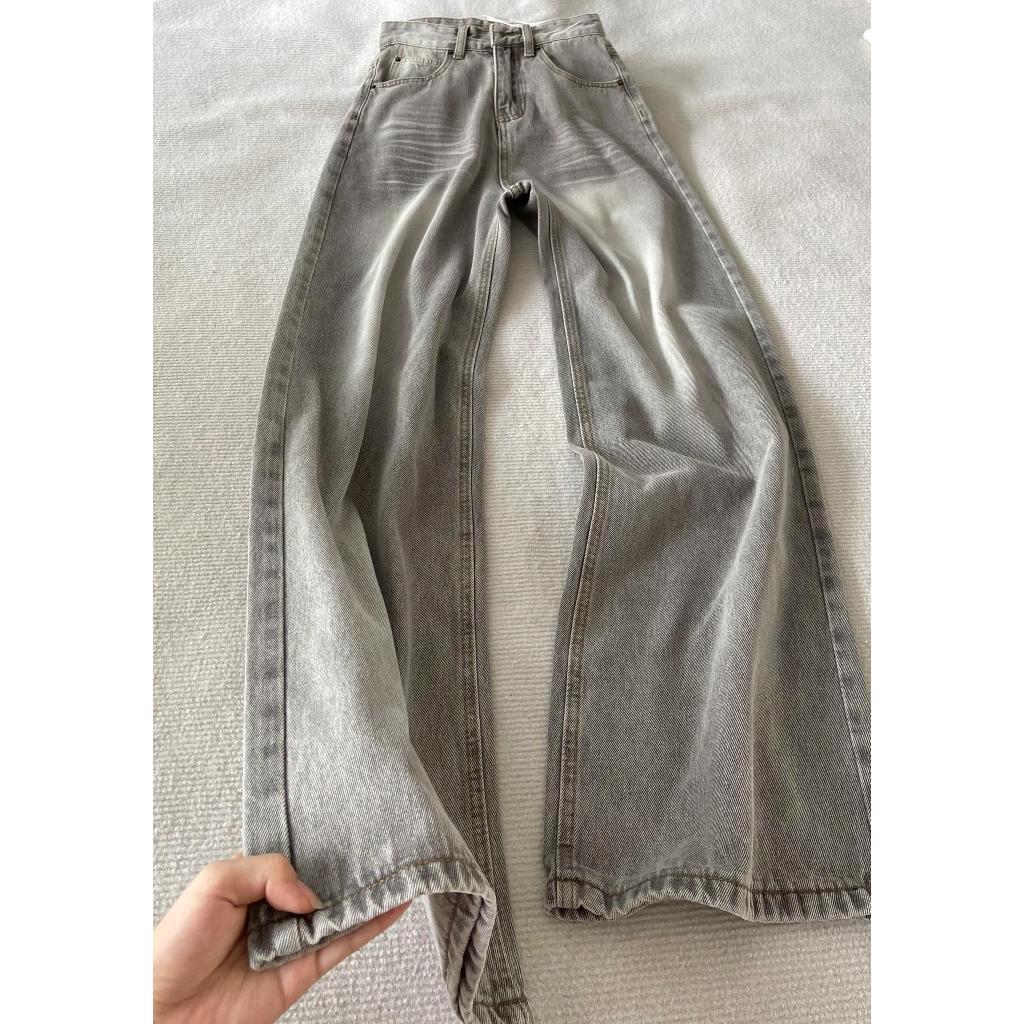 【Luck wanita】 Abu-abu Highwaist Cutbray Celana JeansWanita Korea