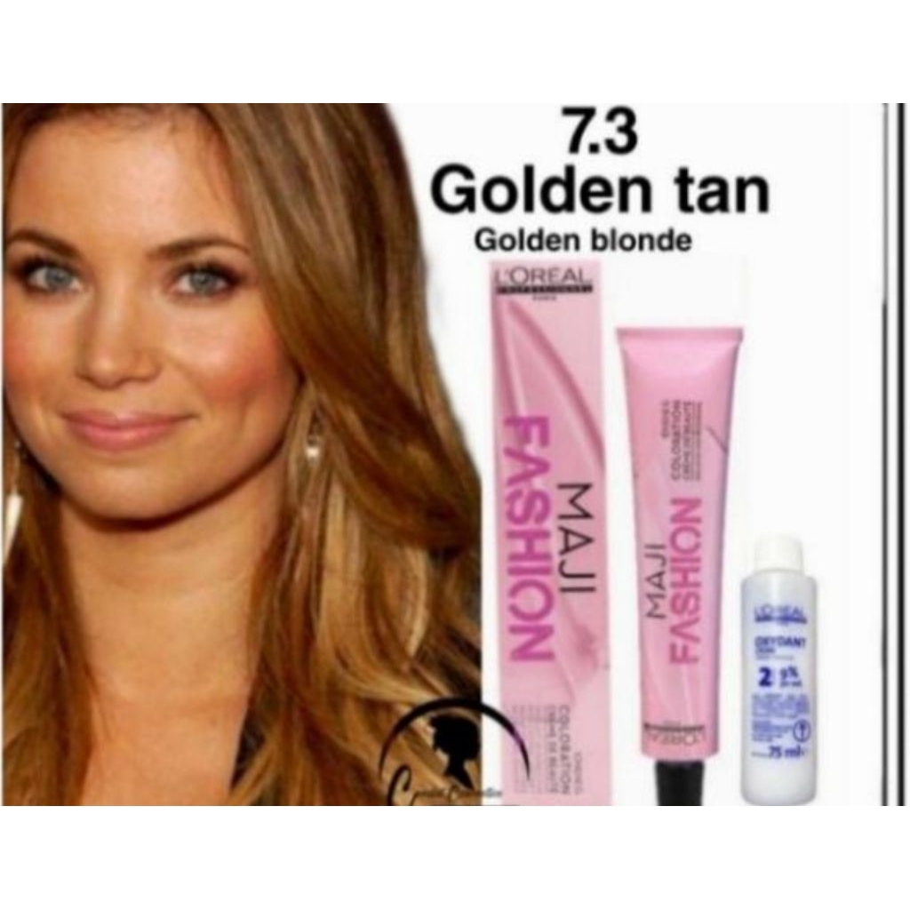 cat rambut loreal majirel maji fashion 7.3 Golden Blonde + oxidant cat + oxi 9%