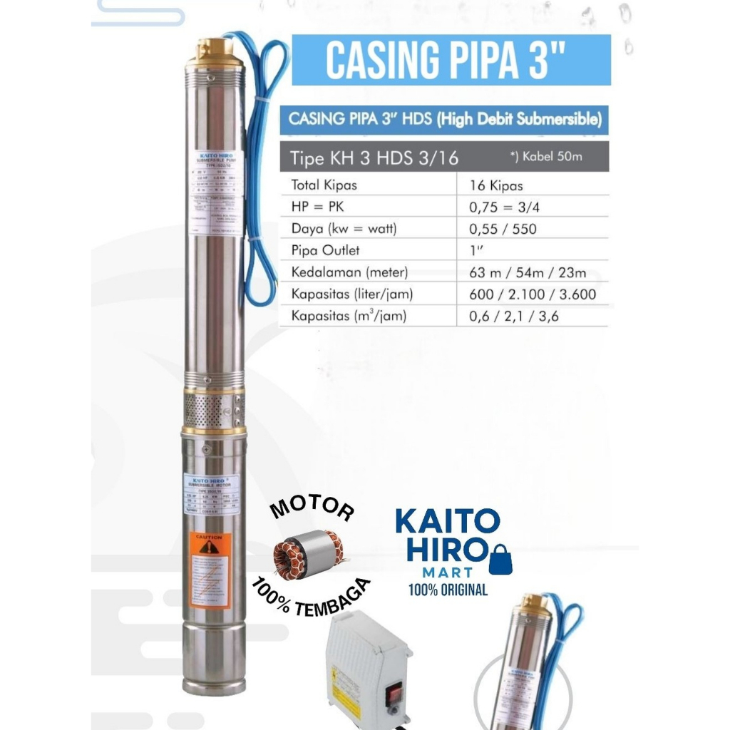 Pompa Submersible KAITO HIRO 0,75 HP 3 inch Plus Kabel 50m dan Control Box Tipe KH3HDS3/16C50
