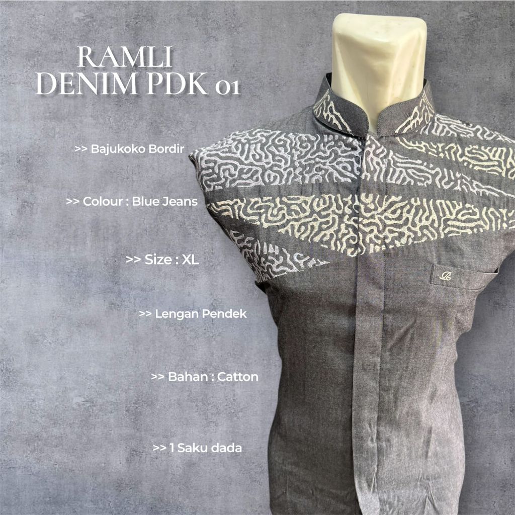 Ramli Baju Koko Lengan Pendek Denim Bordir