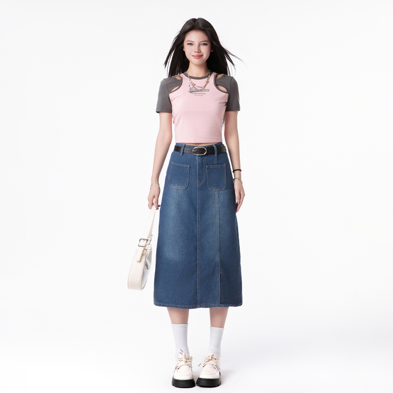 Rok denim biru Rok A-line Pelangsing dan pelangsing Rok denim serbaguna