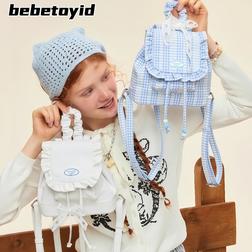 Tas Ransel Renda Korea/Tas Ransel Kotak-Kotak Lucu/Ransel Siswa Populer/Fashion Kekinian Backpack/Ta