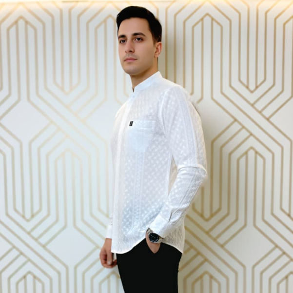 Baju Kemeja Koko Katun Paris Premium Full Bordir Timbul Putih Bersih