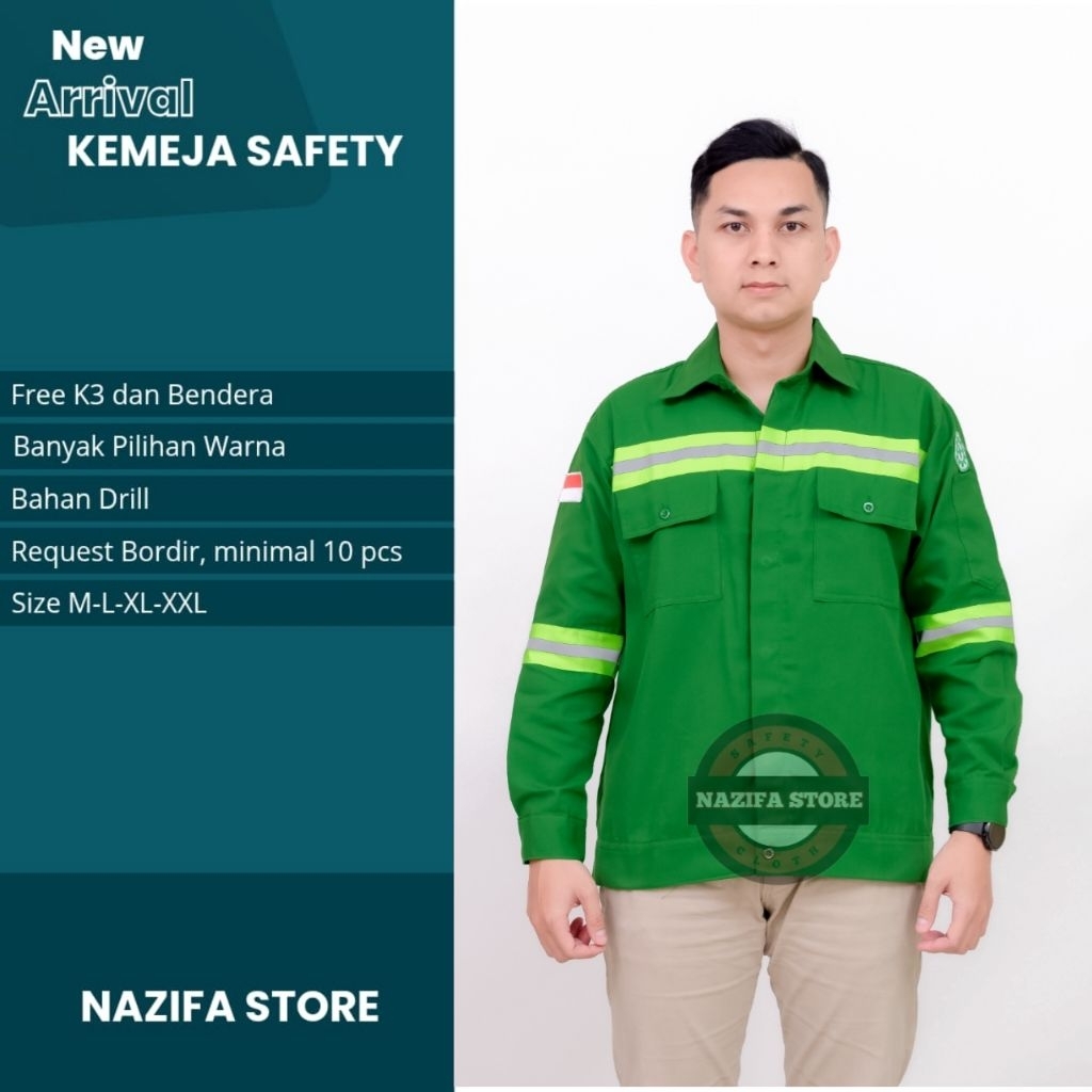 baju safety lengan panjang warna hijau kemeja kerja lapangan proyek