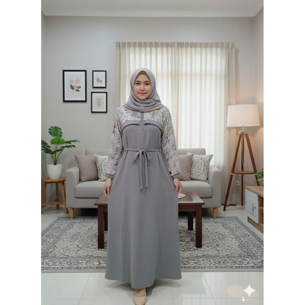 Mela dress gamis lebaran bahan crinkle aleva/gamis terbaru motif bunga etnik abstrak/gamis kekinian 