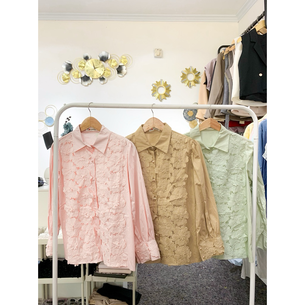Blouse Lace Premium Korea Style | Kemeja Renda Wanita Elegan | Blouse Cantik Soft Pastel