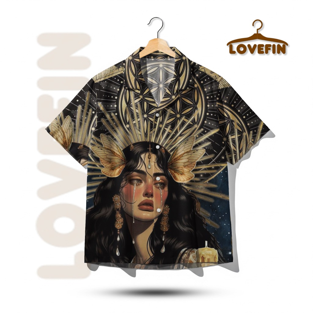 LOVEFIN Kemeja Oversize Fullprint Motif Fantasi Wanita Hitam Emas - Unisex Kekinian Bahan Adem Premi