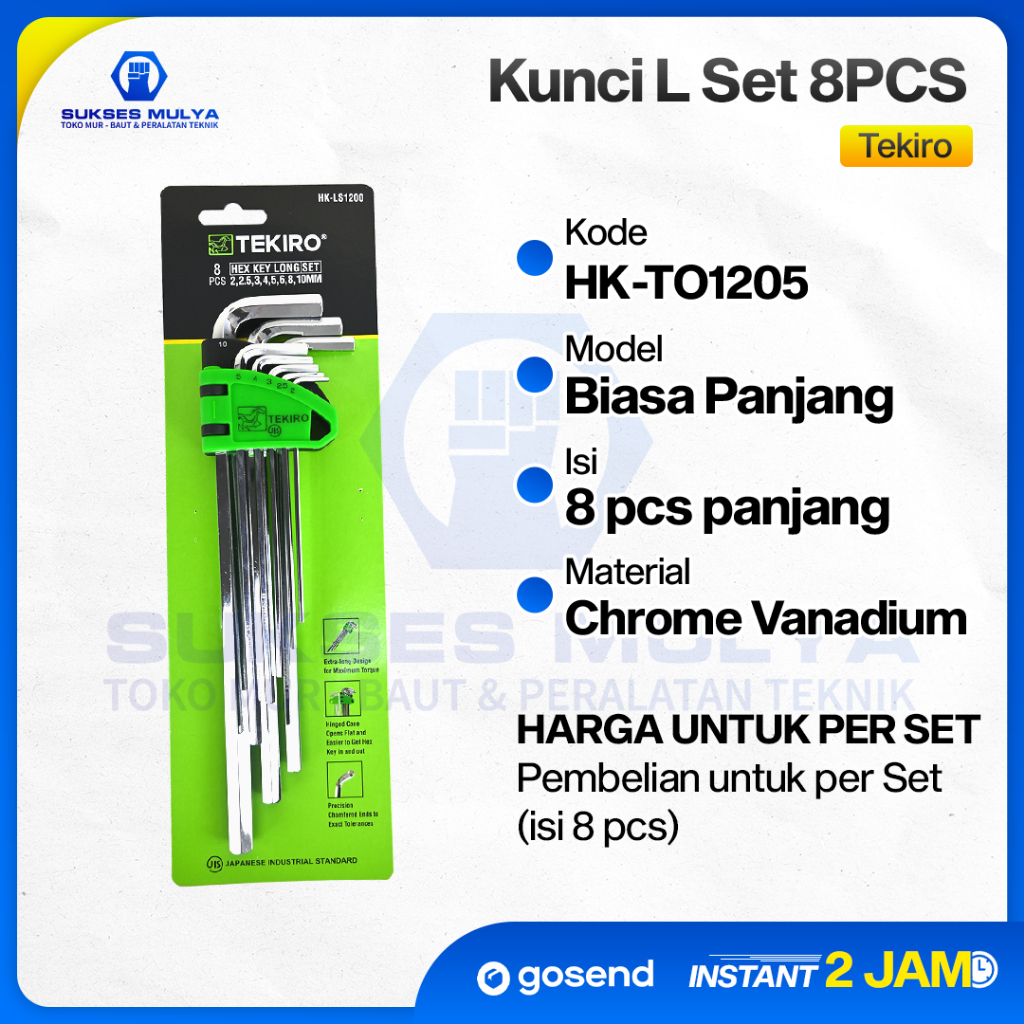 TEKIRO Kunci L Set Metrik 8 pcs Biasa Panjang CRV