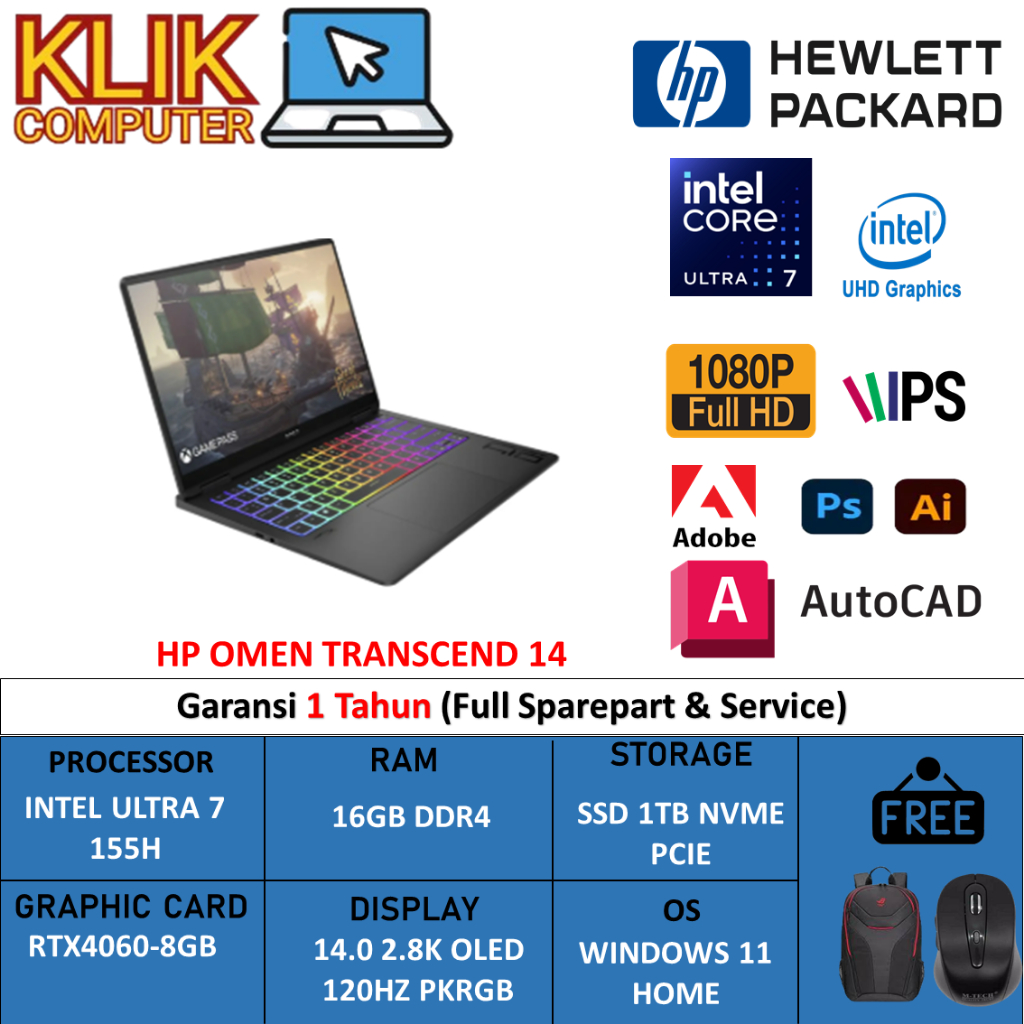 HP Omen Transcend 14 Intel Ultra 7 RAM 16GB 2TB SSD RTX4060 14 Inch 2.8K OLED PKRGB Windows 11 Home