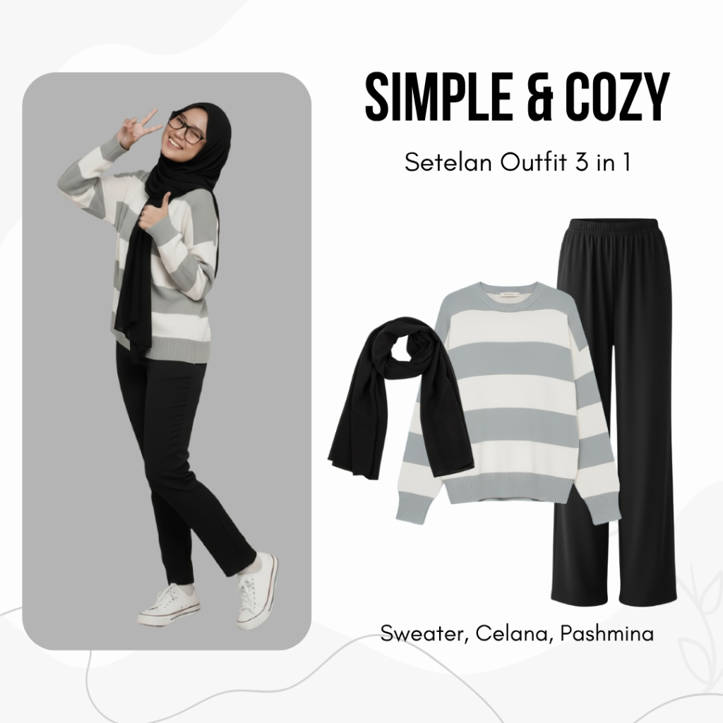 One Set Wanita Kekinian | Sweater Rajut, Celana Kulot, Hijab Pashmina | one set ootd hijab