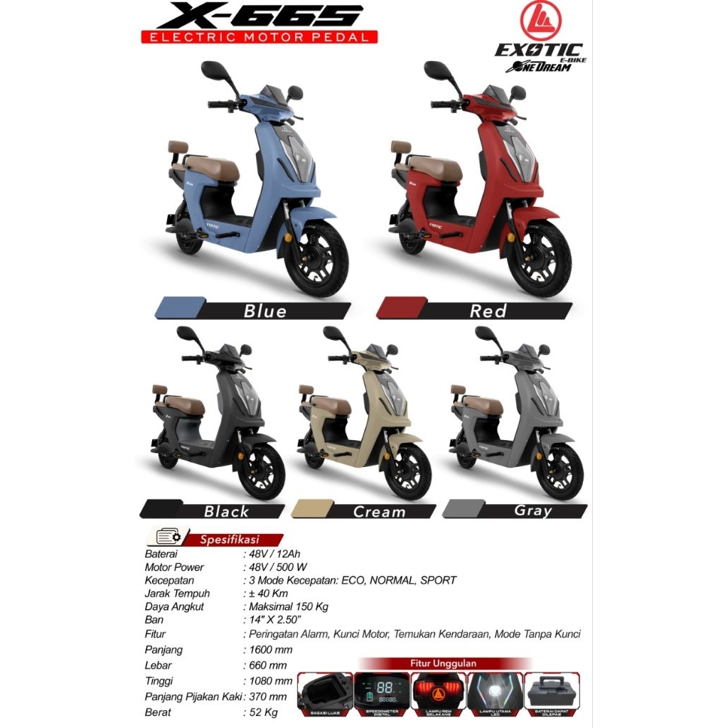 Sepeda Listrik Exotix X665 48V/12AH Baterai Dapat Dilepas Motor Power 500 Watt ( K0DP)