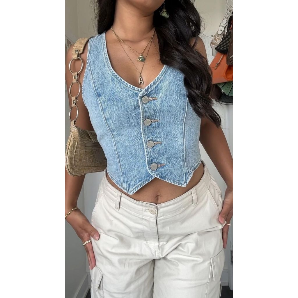 VEST ROMPI CROP || VEST JEANS CROP TERBARU - VEST KOREAN STYLE - VEST ROMPI JENAS WANITA KEKINIAN