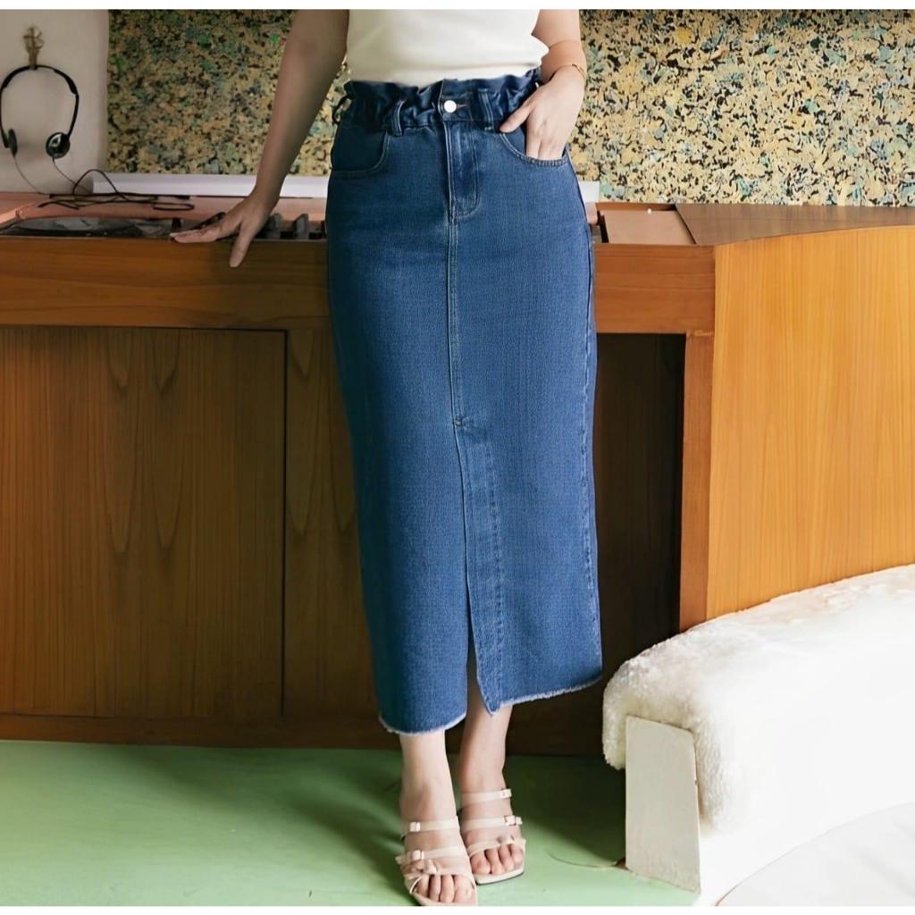 Rok Jeans Wanita 7/9 Denim Stretch Tebal Korean Style Model Belah Depan Rawis Casual Dewasa