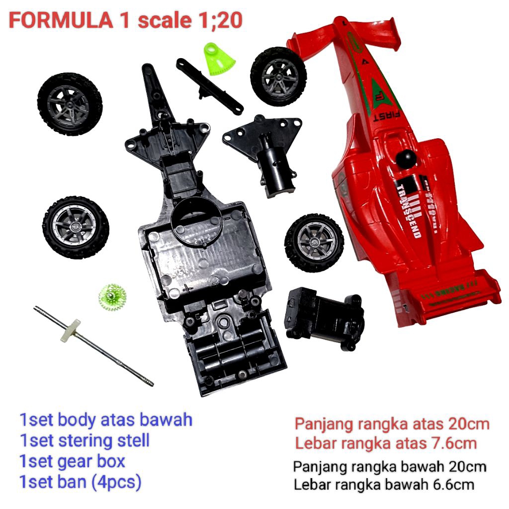 1SET Mobil RC FORMULA 1 Rangka + ban + gearbox belakang stering depan Lengkap