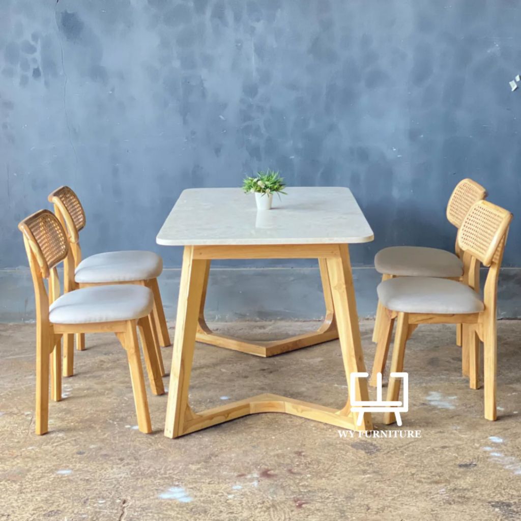 meja makan marmer asli minimalis kayu jati, set meja makan 4 kursi kayu jati, meja makan murah kayu 