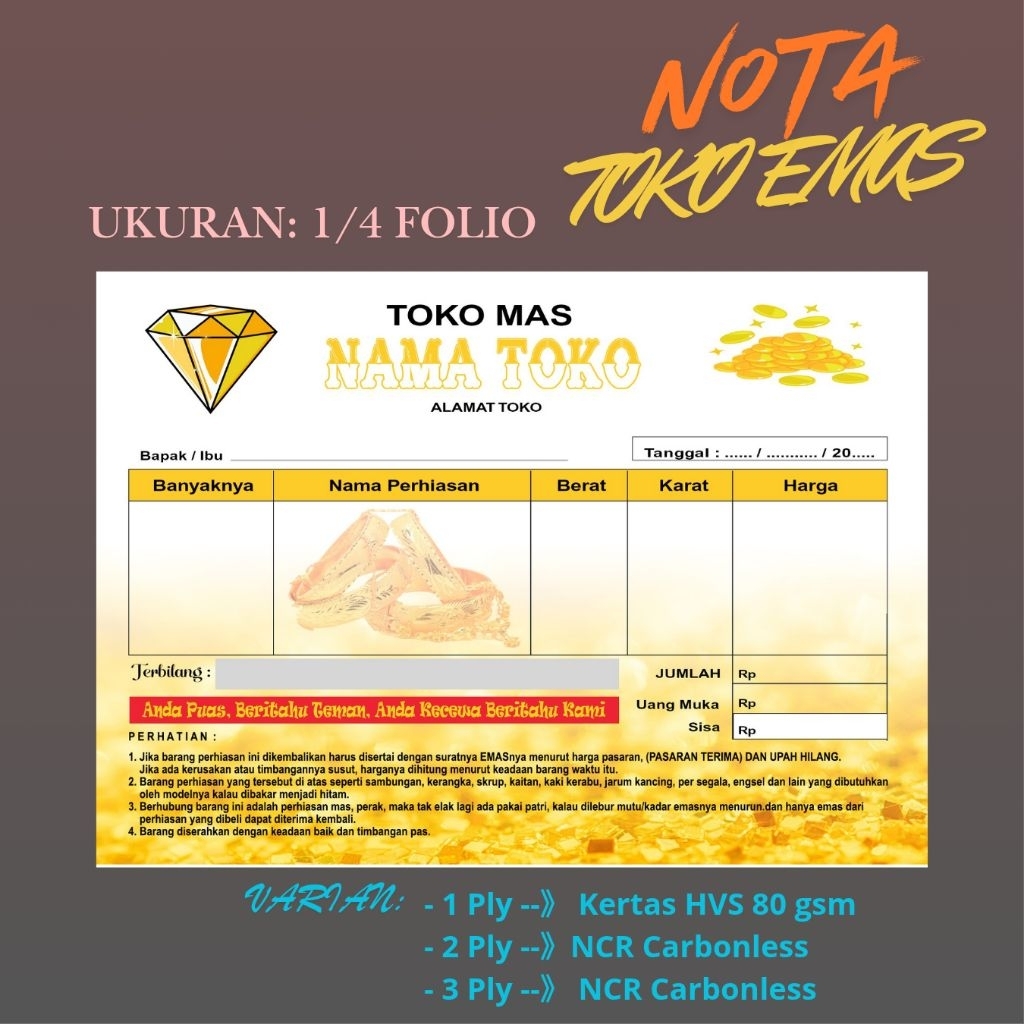 CETAK NOTA TOKO EMAS CUSTOM NAMA 1/4 FOLIO