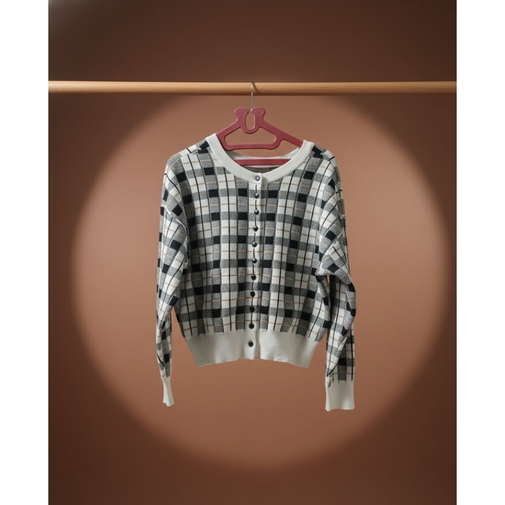 cardigan rajut tebal wanita lengan panjang balon motif kotak