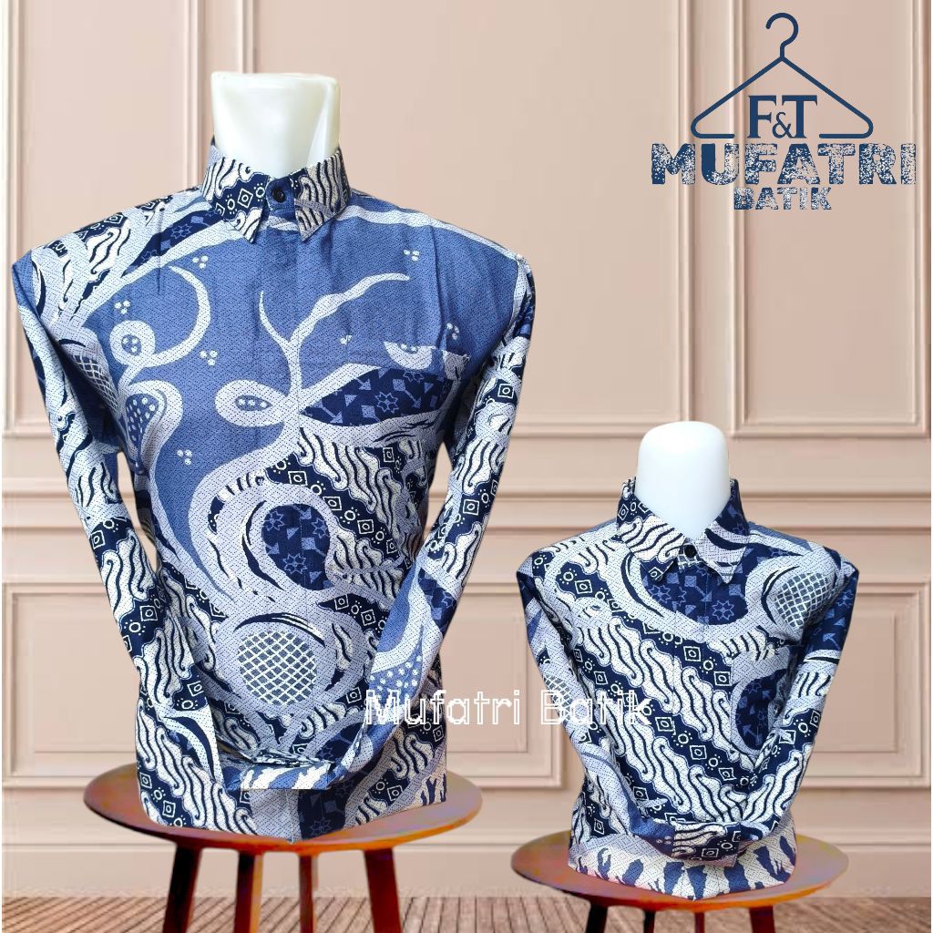 Kemeja Batik Couple Ayah Dan Anak Biru Denim Bahan Katun Premium Lapis Furing Motif Elegan//batik ay