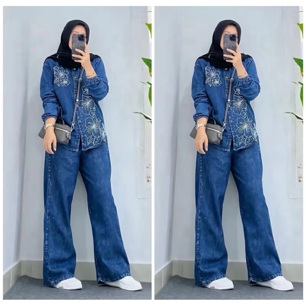 Setelan Jeans Wanita One Set Bahan Kualitas Premium Bordir Ori Kekinian Pakaian Perempuan Busui