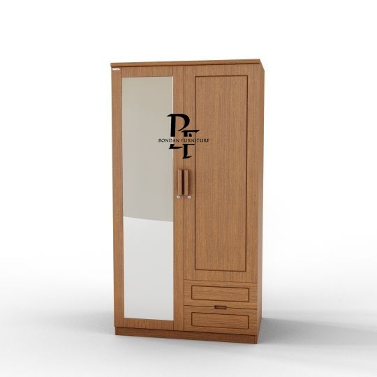 lemari pakaian pintu 2 kayu jati minimalis kombinasi kaca