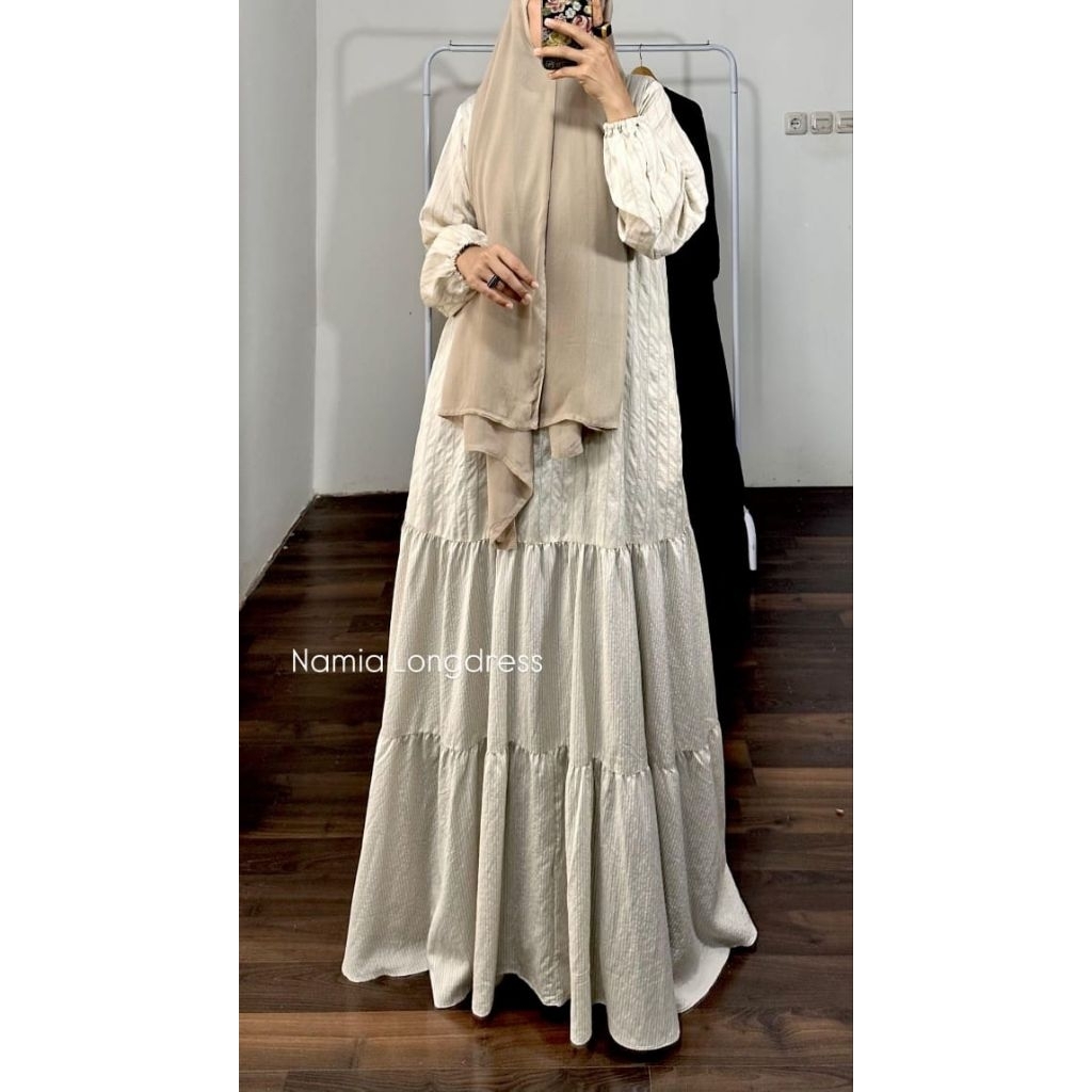 [ NEW ] NAMIA LONGDRESS - Gamis longdress garis garis susun bawah bahan nero cotton stripe premium