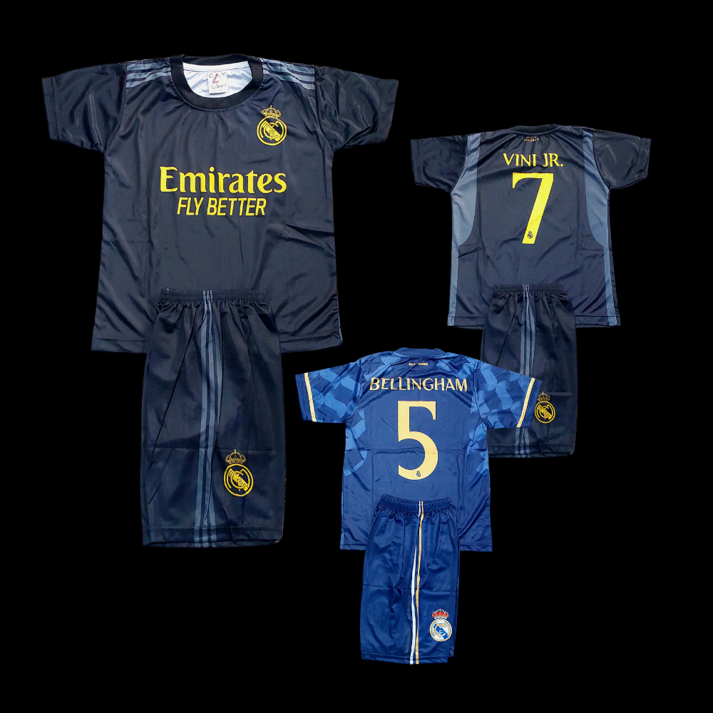 SETELAN JERSEY REAL-MADRID HITAM BAJU BOLA ANAK PRINTING USIA 5-7THN