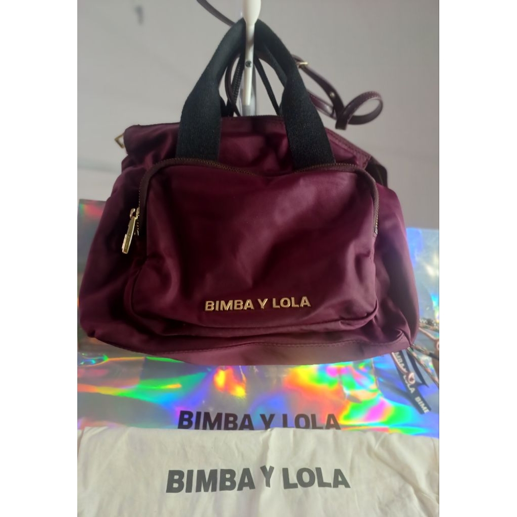 Bimba Y lola maroon medium Pompom Square Crossbody Bag Authentic 100% Asli