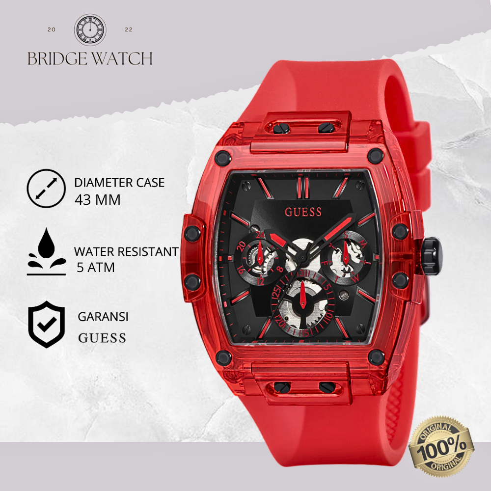 Jam Tangan Pria Guess Phoenix GW0203G5 Original Analog Day Date Chronograph Red Rubber Strap Silicon