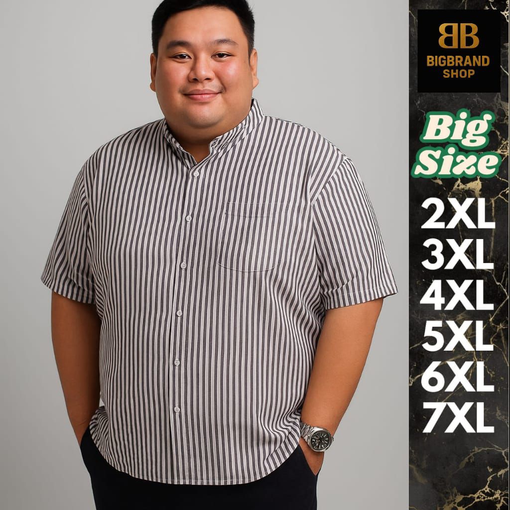 BIGBRAND Kemeja Pria Kerah Shanghai Jumbo Lengan Pendek Salur Stripe Garis garis Big Size Premium