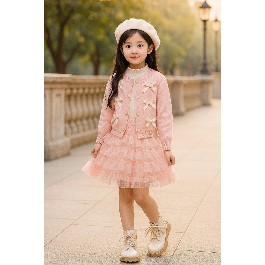 RIBBON GIRL SET Baju Anak Perempuan Setelan Import Impor Rajut Korean Style Lengan Panjang Rok Layer