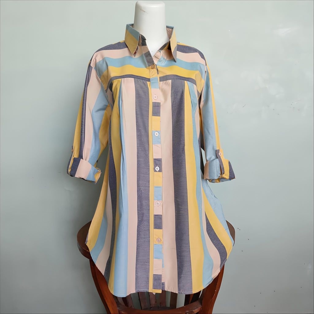 Blus kemeja wanita kekinian/Blus katun motif garis