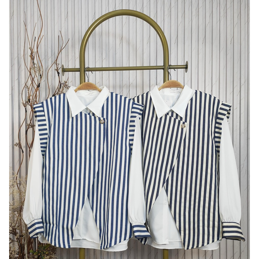 1083 Set Rompi Jeans Garis dan Kemeja Shakila Wanita