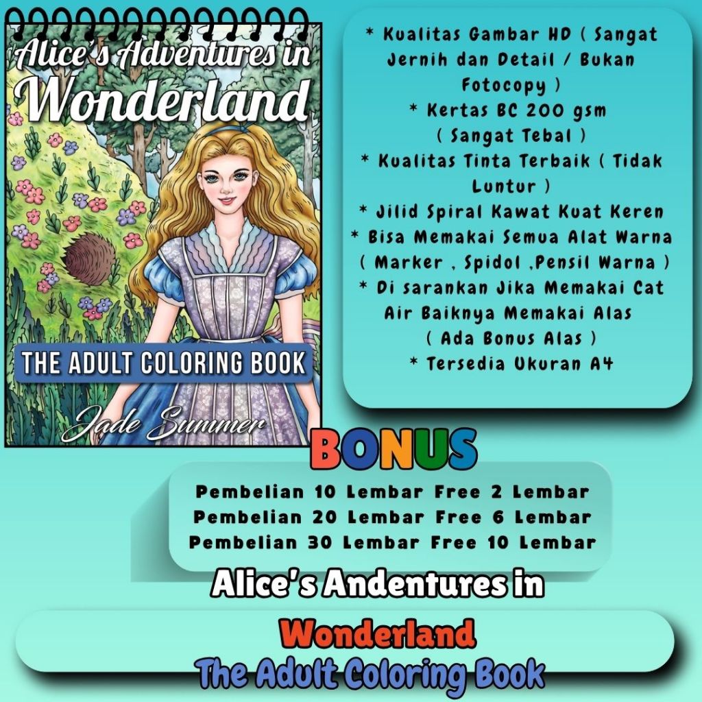 ALICE ADVENTURES IN WONDERLAND The Adult Coloring Book Buku Mewarnai Premium Tema Bagus Gambar Sudah