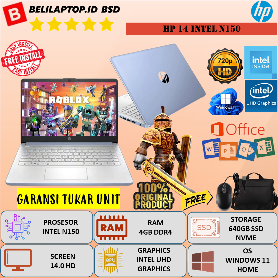 Laptop Baru Murah HP 14 Intel N150 RAM 8GB 384GB SSD 14" HD Windows 11 Original