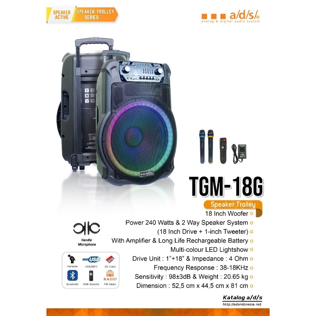 SPEAKER PORTABLE WIRELLES ADS TGM-18G 18 INCH