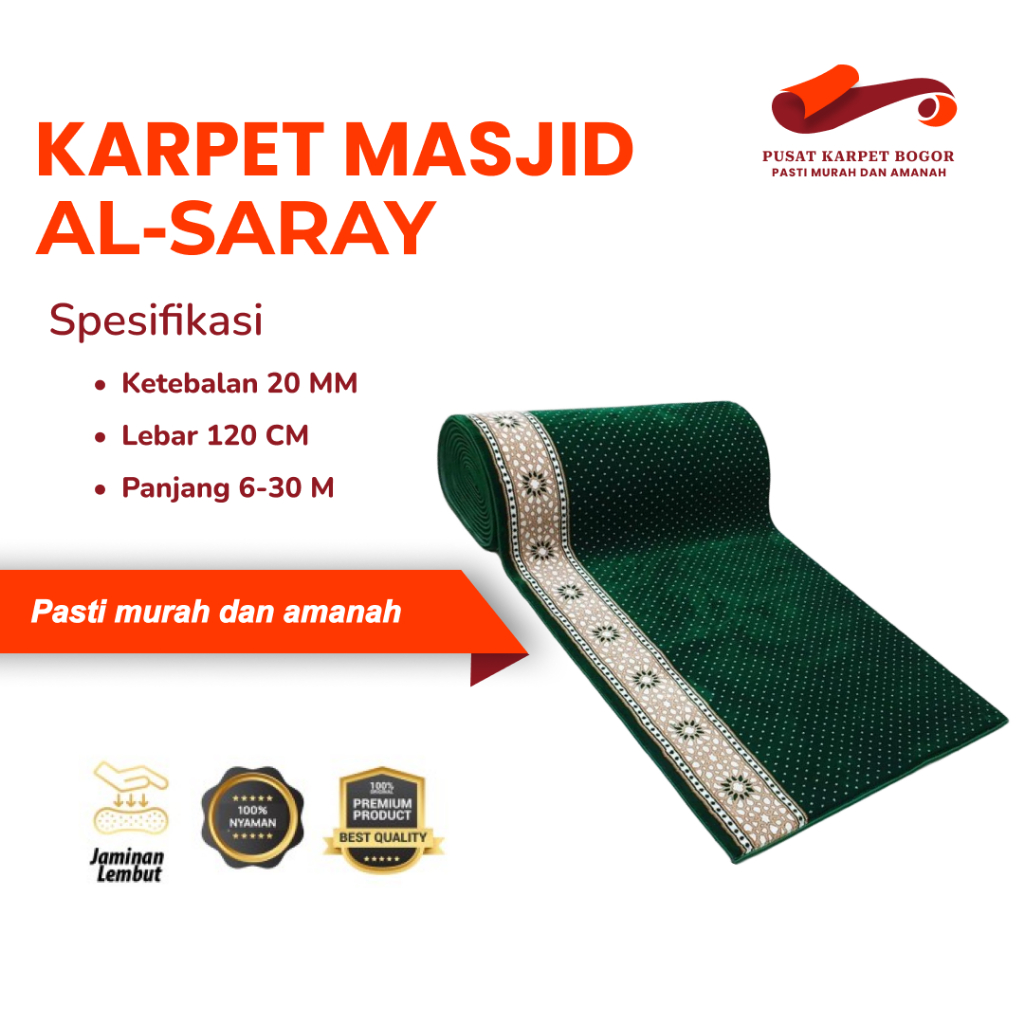 Karpet Masjid Turki Meteran Al Saray Tebal 20mm Sajadah Mushola Bahan Polyprophylene Heatset