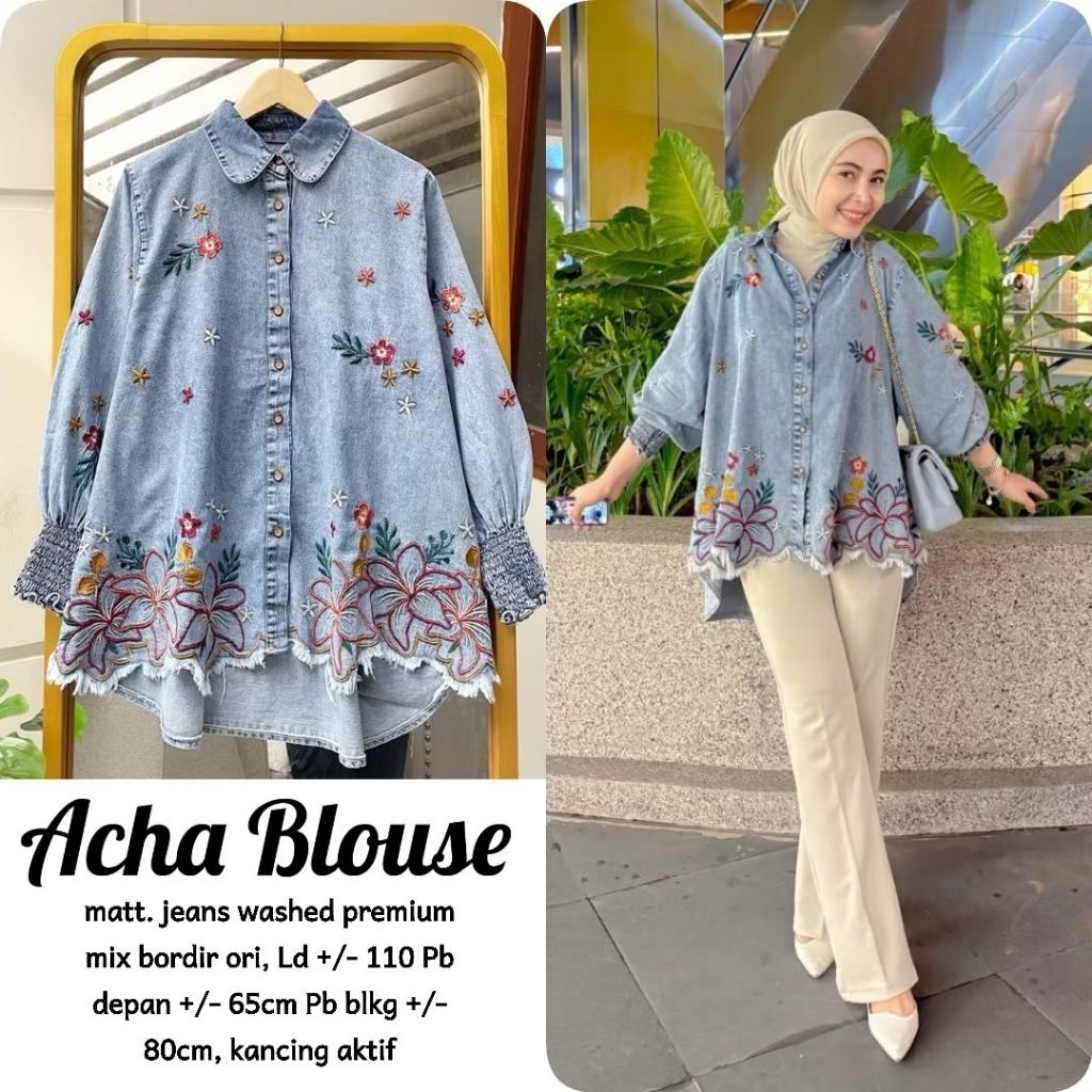 Acha Pamela lesti  Blouse bordir atasan wanita bahan jeans bordir bkk