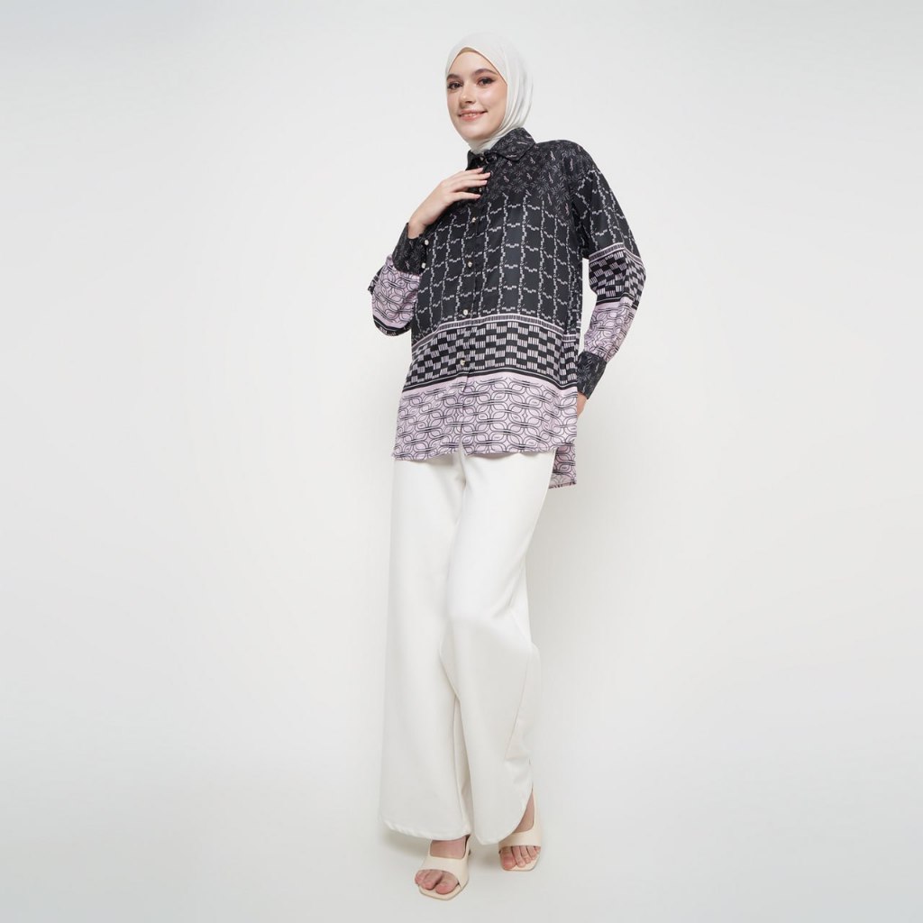 ASK -Kemeja motif Atasan Wanita Kemeja Lengan Panjang Motif Blouse Cewek Kemeja09