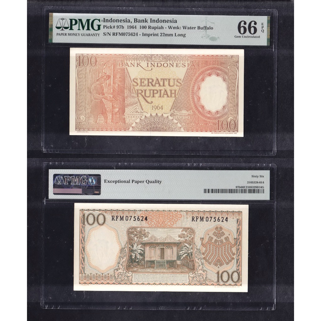 Uang kuno PMG 66 EPQ -100 rupiah tahun 1964 seri Pekerja # merah