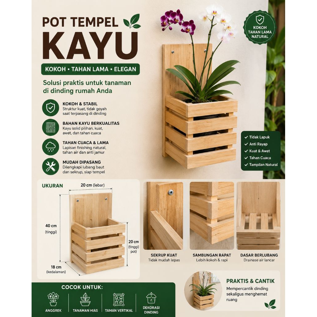 Terbaru | Pot Kayu Tempel Dinding Pot Anggrek kokoh Tahan lama