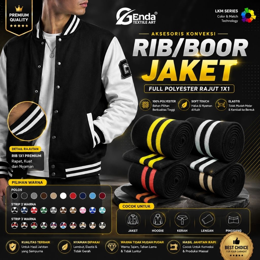 Genda textile | rib jaket hitam polos dan salur